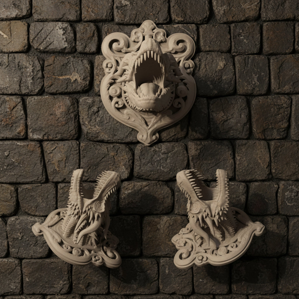 A 3D-printed gothic dragon wall mount shown from three angles: a top-down view in the center panel, and two angled side views in the bottom panels, set against a dark textured background.