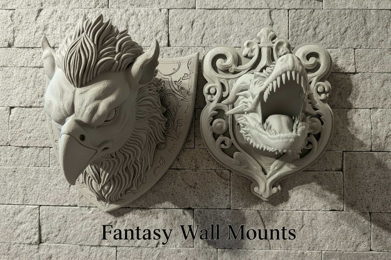 Two gray fantasy wall mounts displayed on a stone wall: a bird of prey head on the left and an ornate roaring dragon head on the right, with the text 'Fantasy Wall Mounts' below.