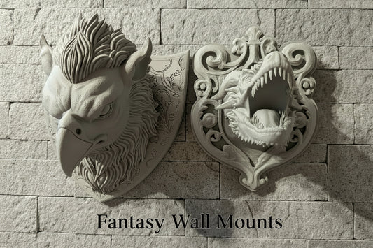 Two gray fantasy wall mounts displayed on a stone wall: a bird of prey head on the left and an ornate roaring dragon head on the right, with the text 'Fantasy Wall Mounts' below.