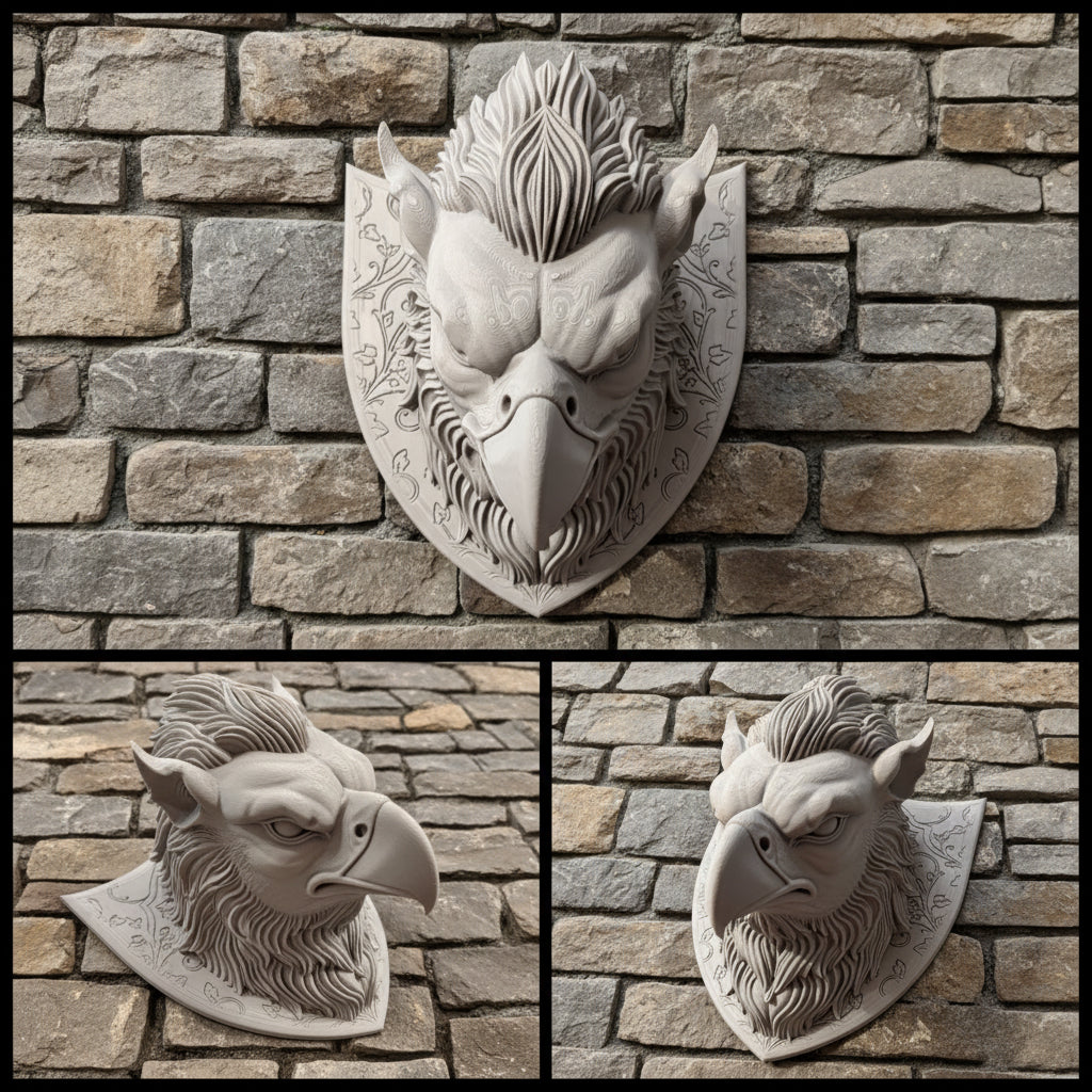 Three views of an unpainted gray fantasy gargoyle head mounted on a shield-shaped plaque, shown against a dark textured background.